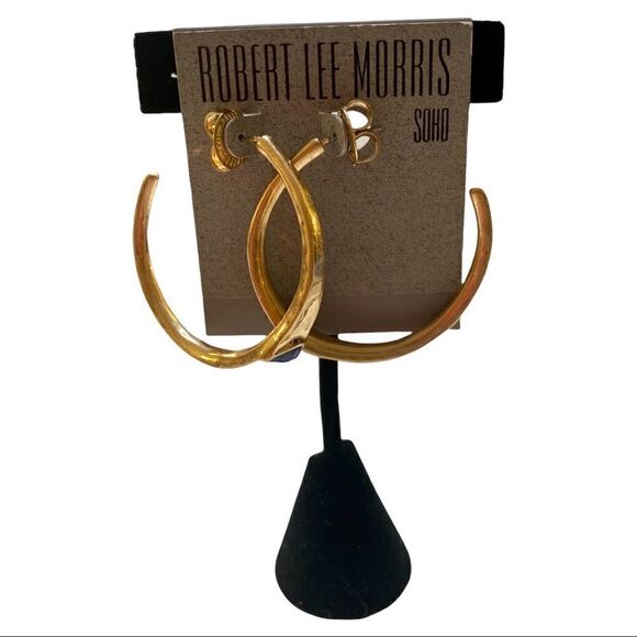 Robert Lee Morris Hammered Gold Toned Hoops w/ Royal Blue Faceted Stone. - Picture 2 of 7